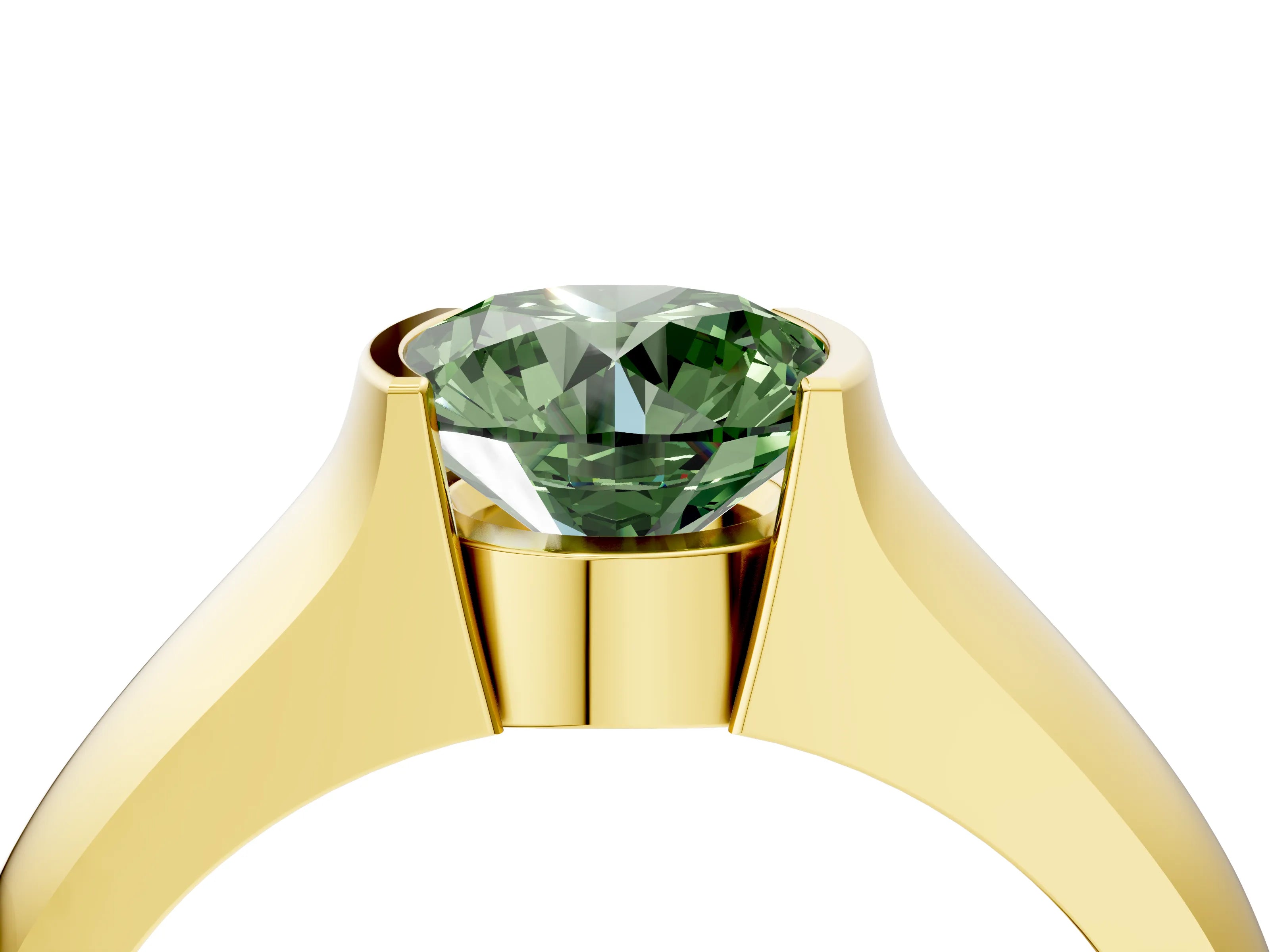 Yellow gold Fancy Green Round Cut Solitaire Bezel Set Diamond Ring with Wide Band_4