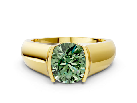 Yellow gold Fancy Green Round Cut Solitaire Bezel Set Diamond Ring with Wide Band