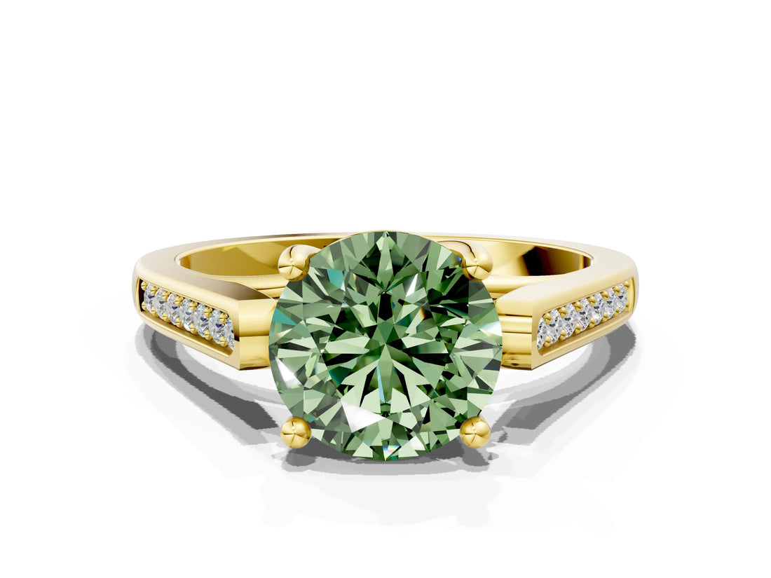 Yellow gold Fancy Green Round Cut Solitaire Cathedral Diamond Engagement Ring with Channel-Set Band and Four-Prong Setting_3