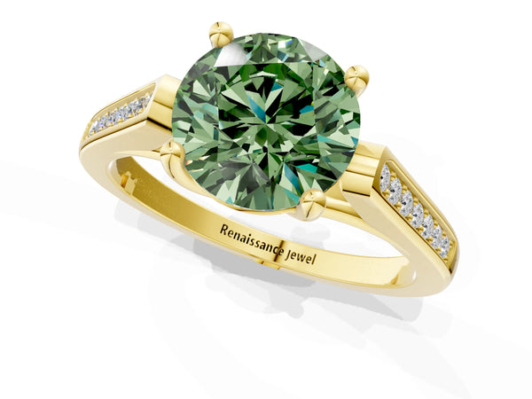 Yellow gold Fancy Green Round Cut Solitaire Cathedral Diamond Engagement Ring with Channel-Set Band and Four-Prong Setting