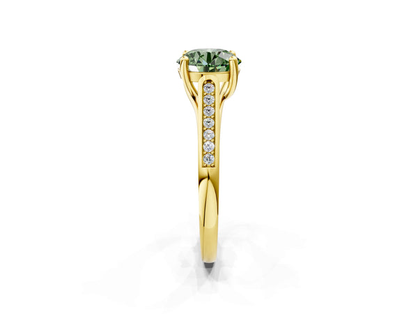 Yellow gold Fancy Green Round Cut Solitaire Cathedral Diamond Engagement Ring with Channel-Set Band and Four-Prong Setting