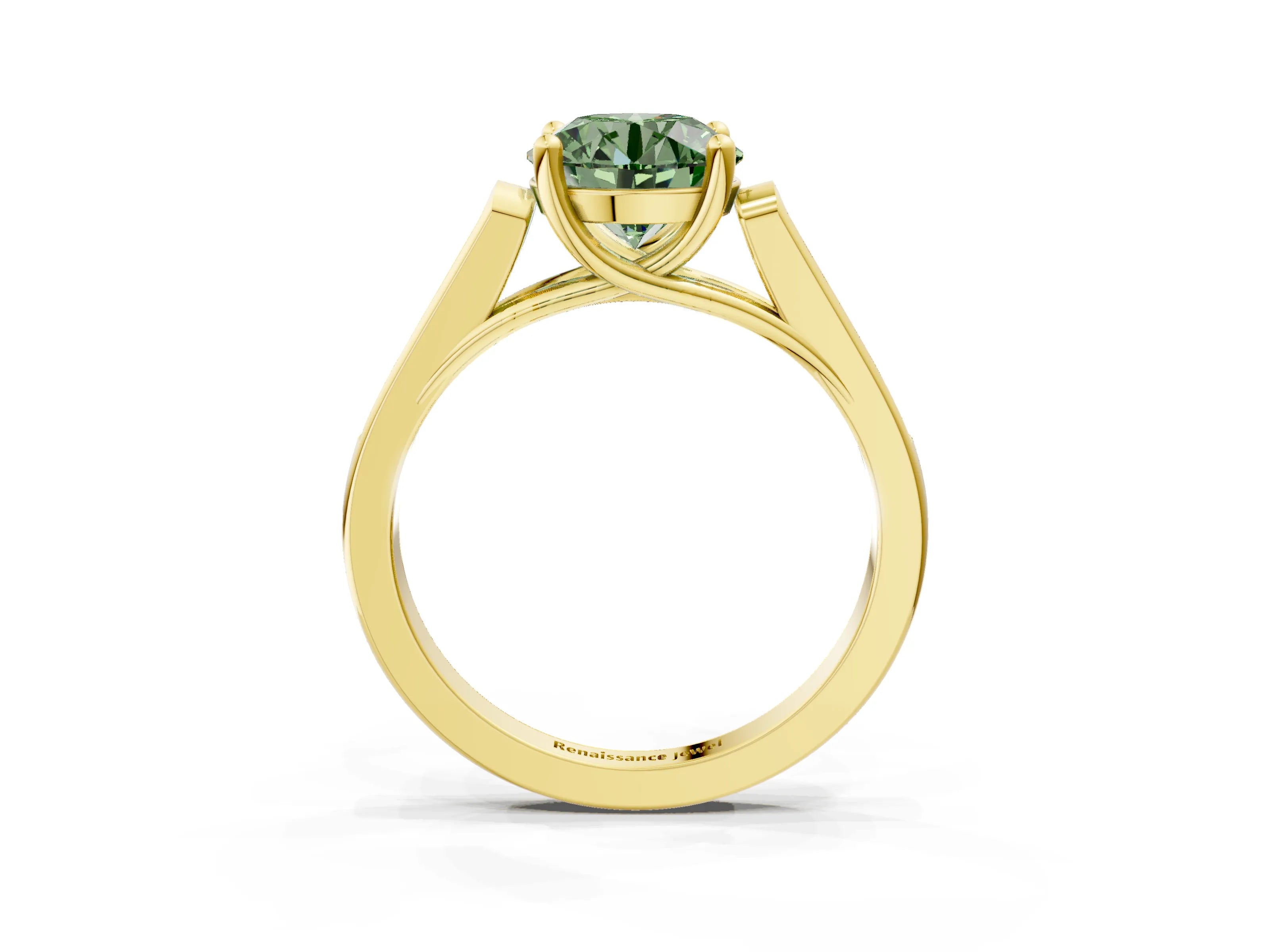 Yellow gold Fancy Green Round Cut Solitaire Cathedral Diamond Engagement Ring with Channel-Set Band and Four-Prong Setting_6