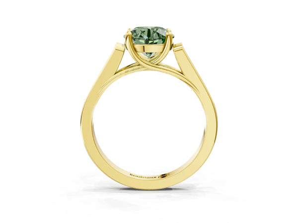 Yellow gold Fancy Green Round Cut Solitaire Cathedral Diamond Engagement Ring with Channel-Set Band and Four-Prong Setting