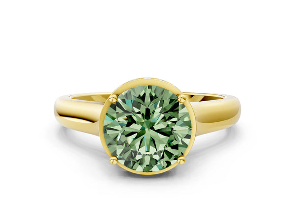 Yellow gold Fancy Green Round Cut Solitaire Diamond Engagement Ring with Four-Prong Setting and Tapered Band