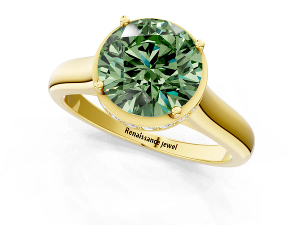Yellow gold Fancy Green Round Cut Solitaire Diamond Engagement Ring with Four-Prong Setting and Tapered Band