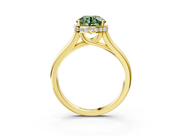 Yellow gold Fancy Green Round Cut Solitaire Diamond Engagement Ring with Four-Prong Setting and Tapered Band