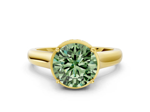 Yellow gold Fancy Green Round Cut Solitaire Diamond Engagement Ring with Four-Prong Setting and Tapered Band