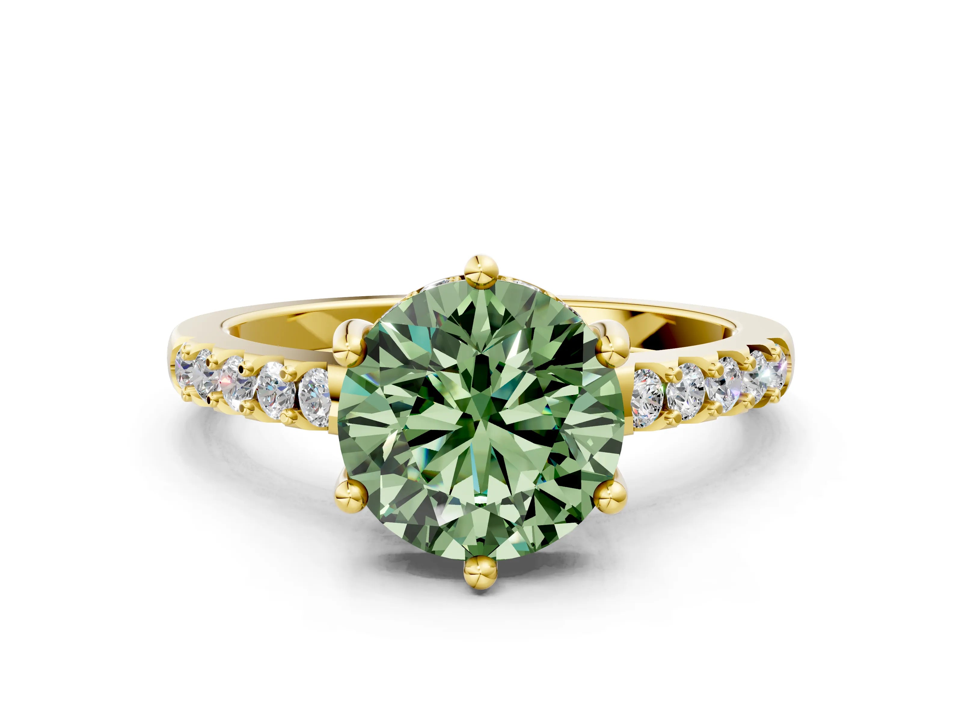 Yellow gold Fancy Green Round Cut Solitaire Diamond Engagement Ring with Pavé Band and Six-Prong Setting