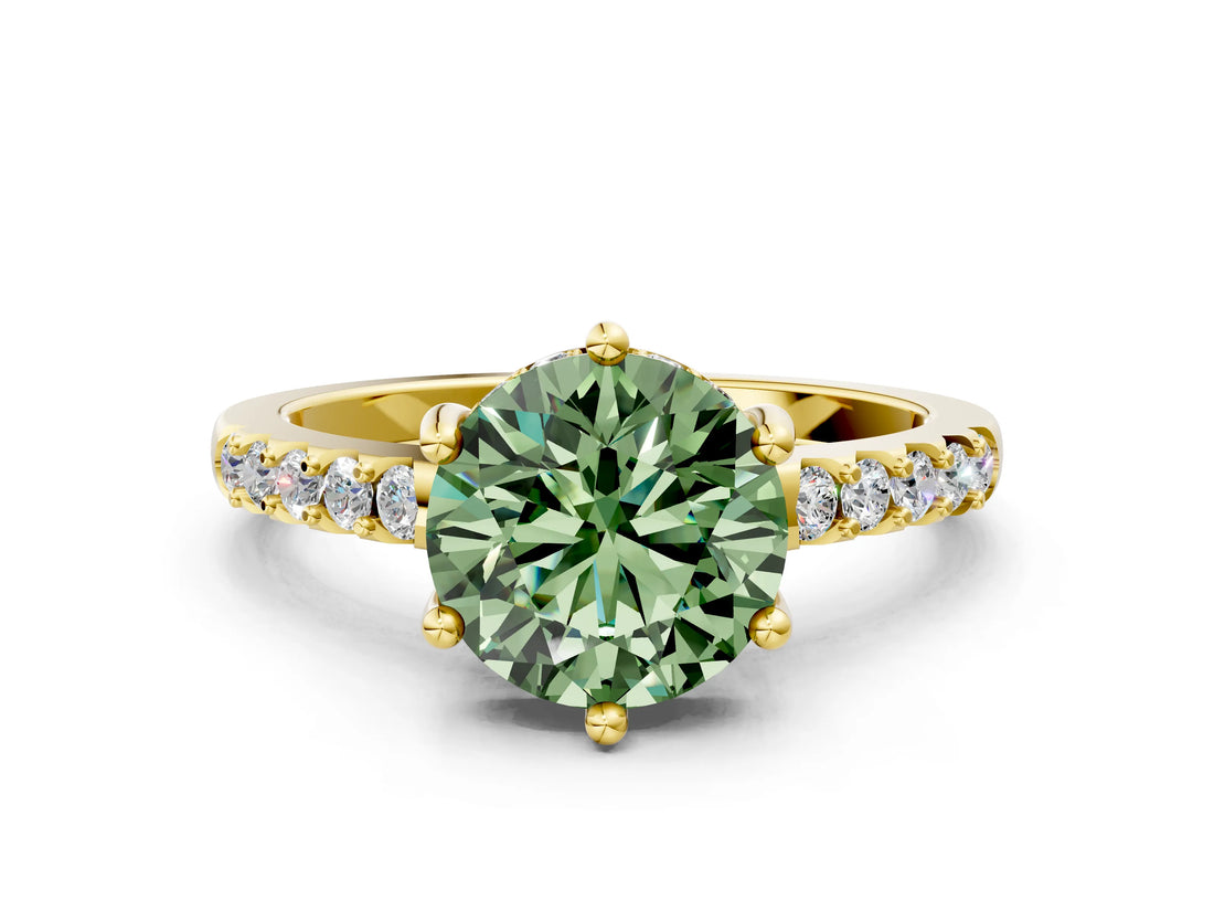 Yellow gold Fancy Green Round Cut Solitaire Diamond Engagement Ring with Pavé Band and Six-Prong Setting