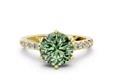 Yellow gold Fancy Green Round Cut Solitaire Diamond Engagement Ring with Pavé Band and Six-Prong Setting