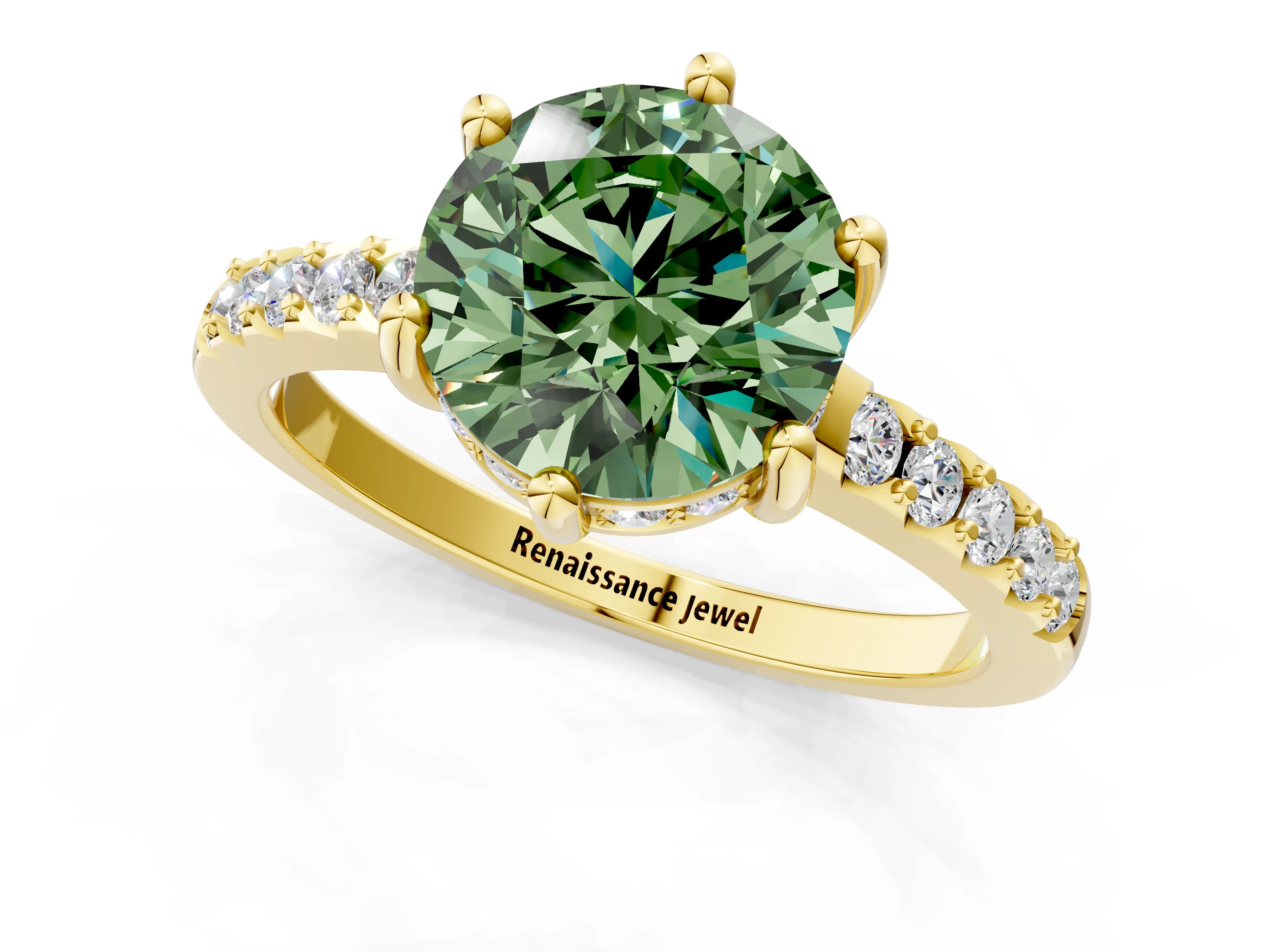 Yellow gold Fancy Green Round Cut Solitaire Diamond Engagement Ring with Pavé Band and Six-Prong Setting_1