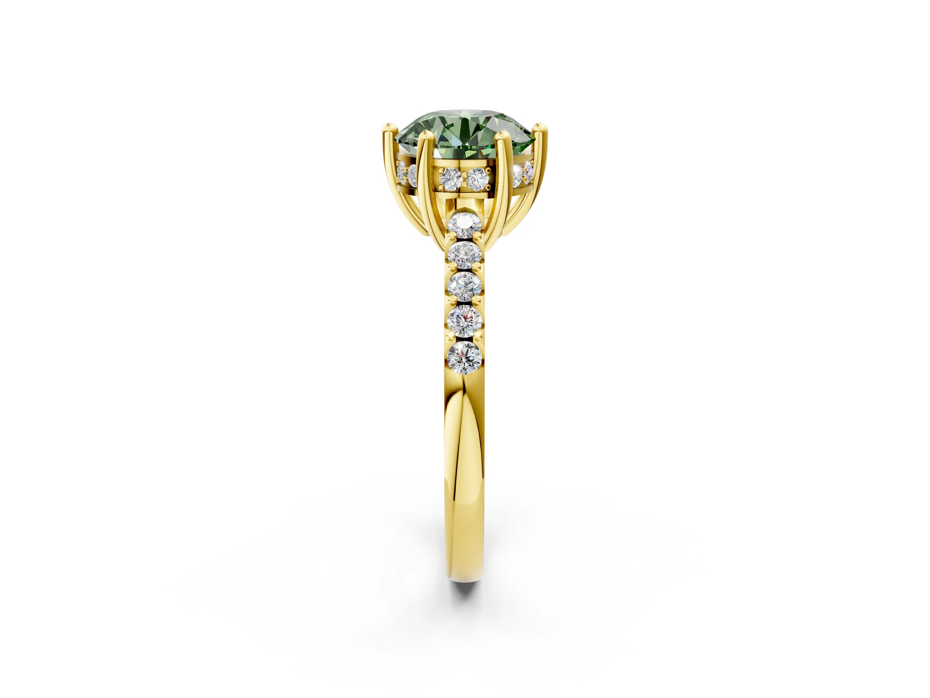 Yellow gold Fancy Green Round Cut Solitaire Diamond Engagement Ring with Pavé Band and Six-Prong Setting_2