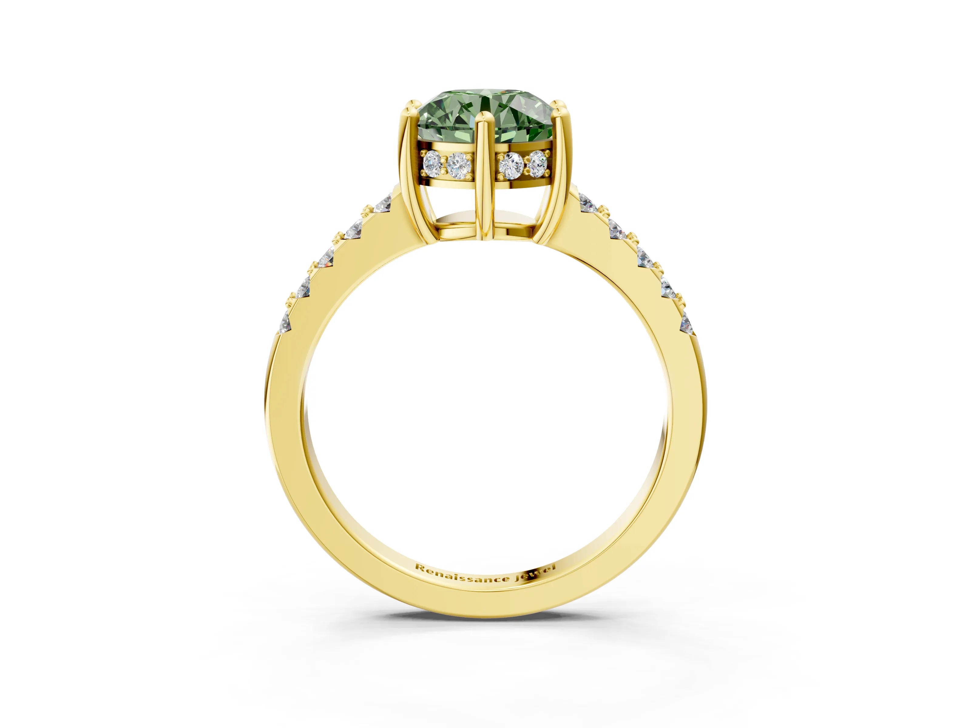 Yellow gold Fancy Green Round Cut Solitaire Diamond Engagement Ring with Pavé Band and Six-Prong Setting_3