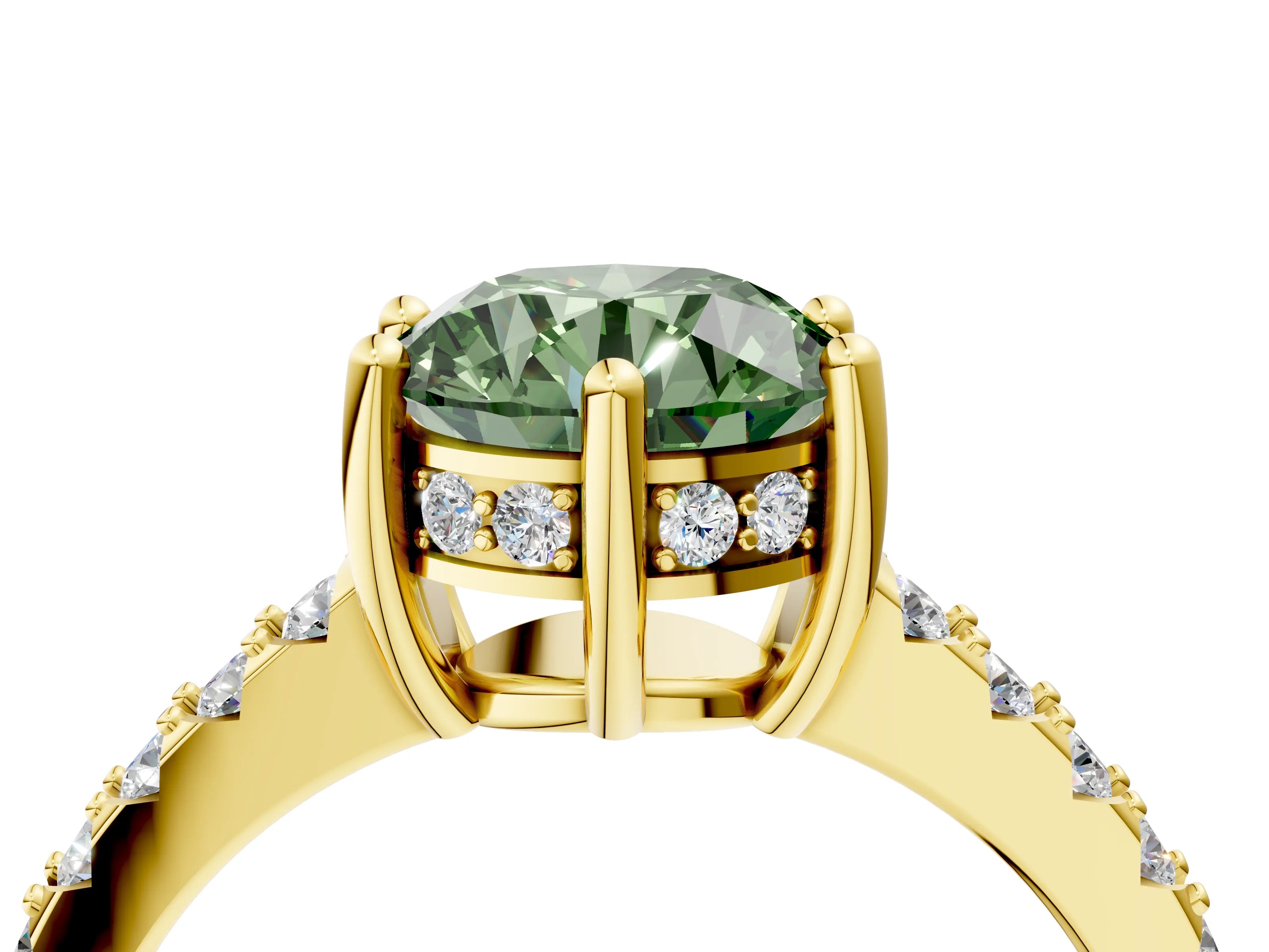 Yellow gold Fancy Green Round Cut Solitaire Diamond Engagement Ring with Pavé Band and Six-Prong Setting_4