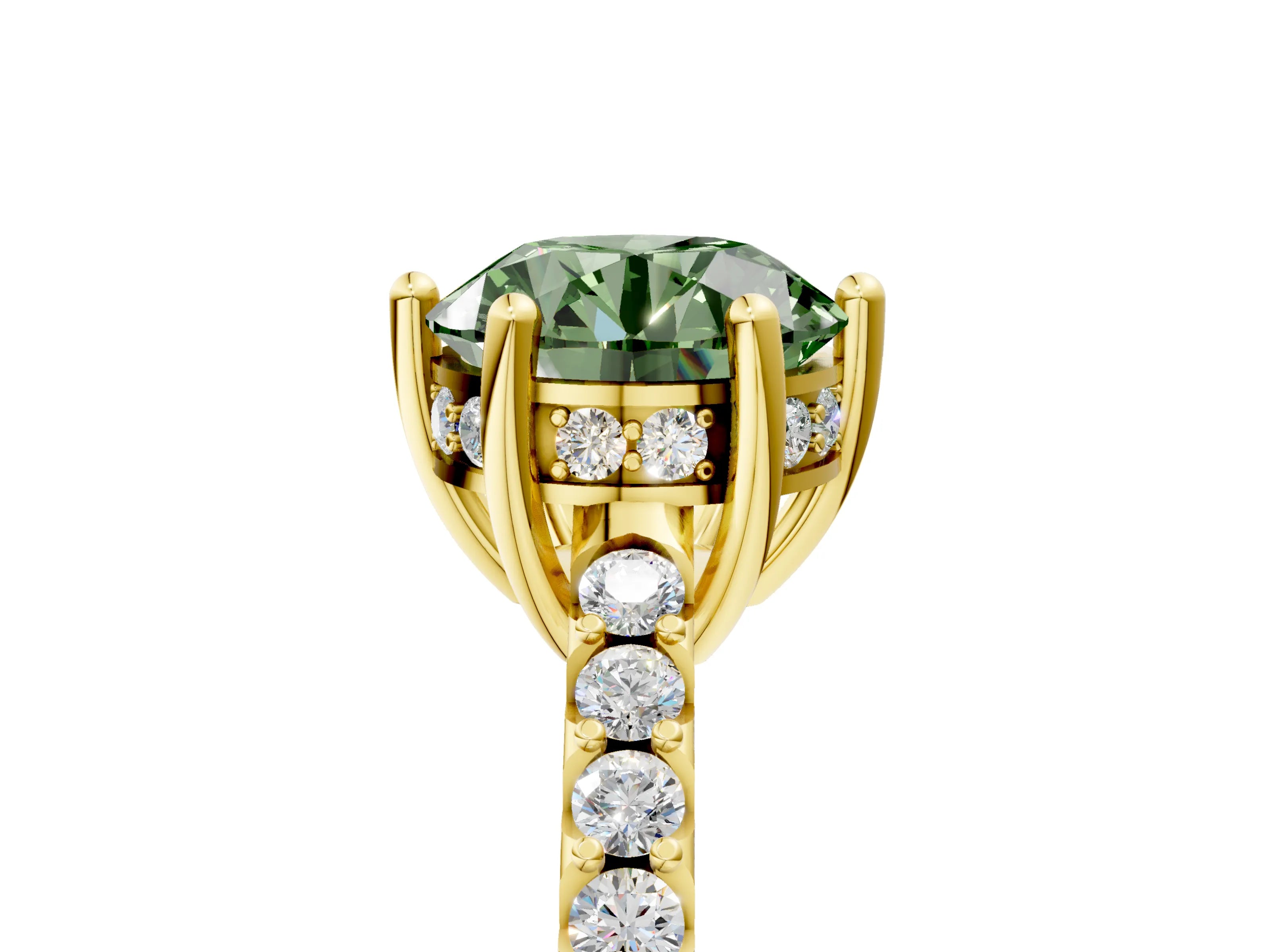 Yellow gold Fancy Green Round Cut Solitaire Diamond Engagement Ring with Pavé Band and Six-Prong Setting_5