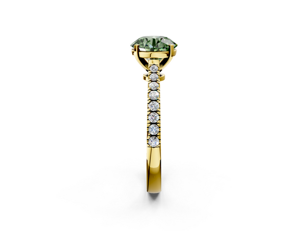 Yellow gold Fancy Green Round  Cut Solitaire Diamond Engagement Ring with Pave Band and Four-Prong Setting