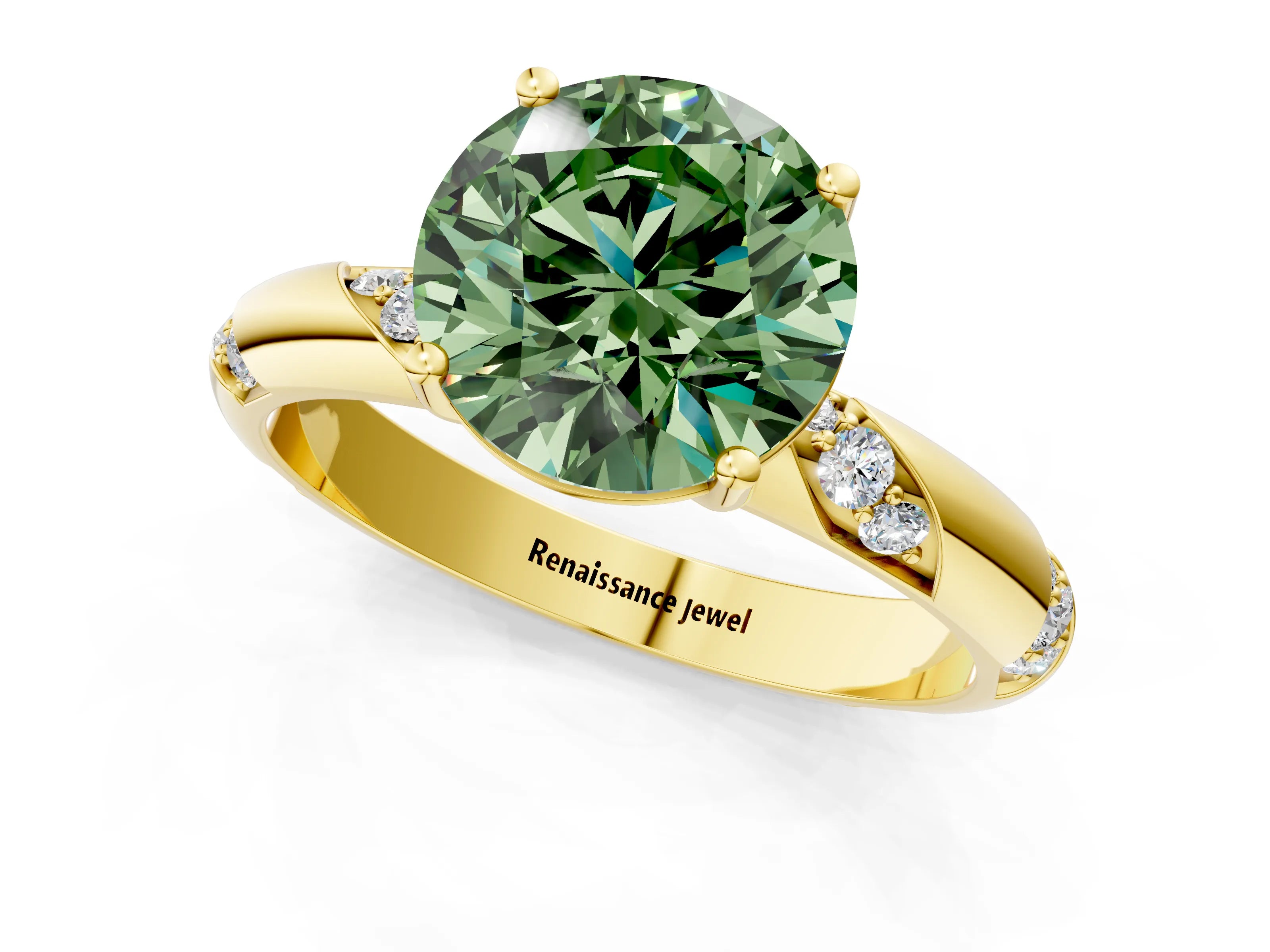Yellow gold Fancy Green Round Cut Solitaire Diamond Engagement Ring with Twisted Pave Band and Four-Prong Setting_10