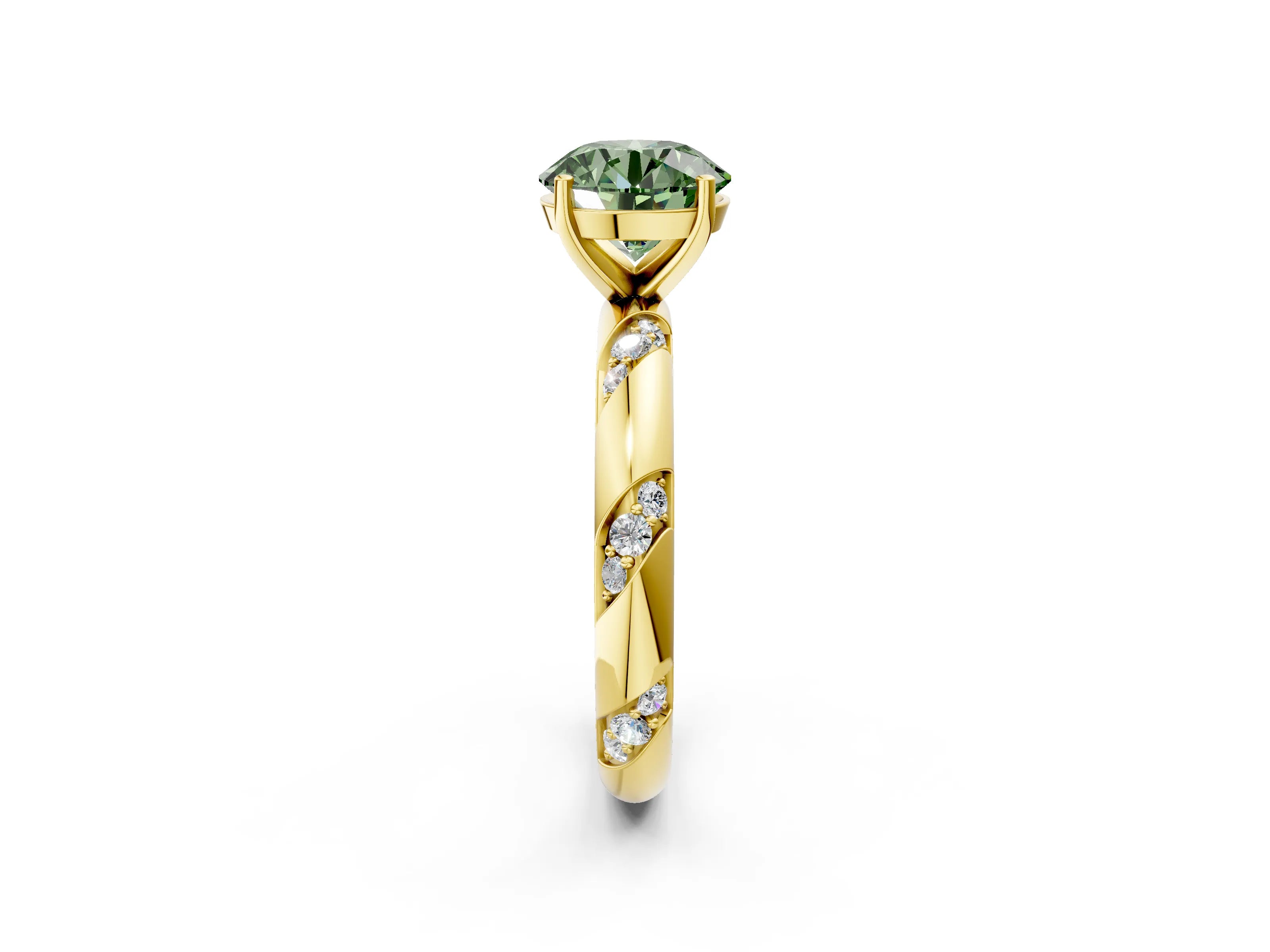 Yellow gold Fancy Green Round Cut Solitaire Diamond Engagement Ring with Twisted Pave Band and Four-Prong Setting_11