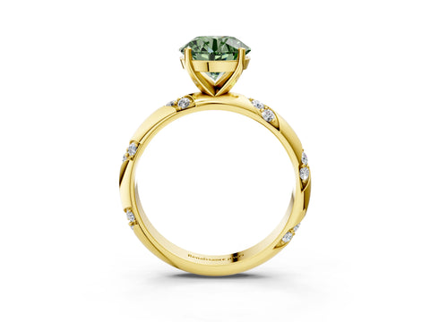 Yellow gold Fancy Green Round Cut Solitaire Diamond Engagement Ring with Twisted Pave Band and Four-Prong Setting_12