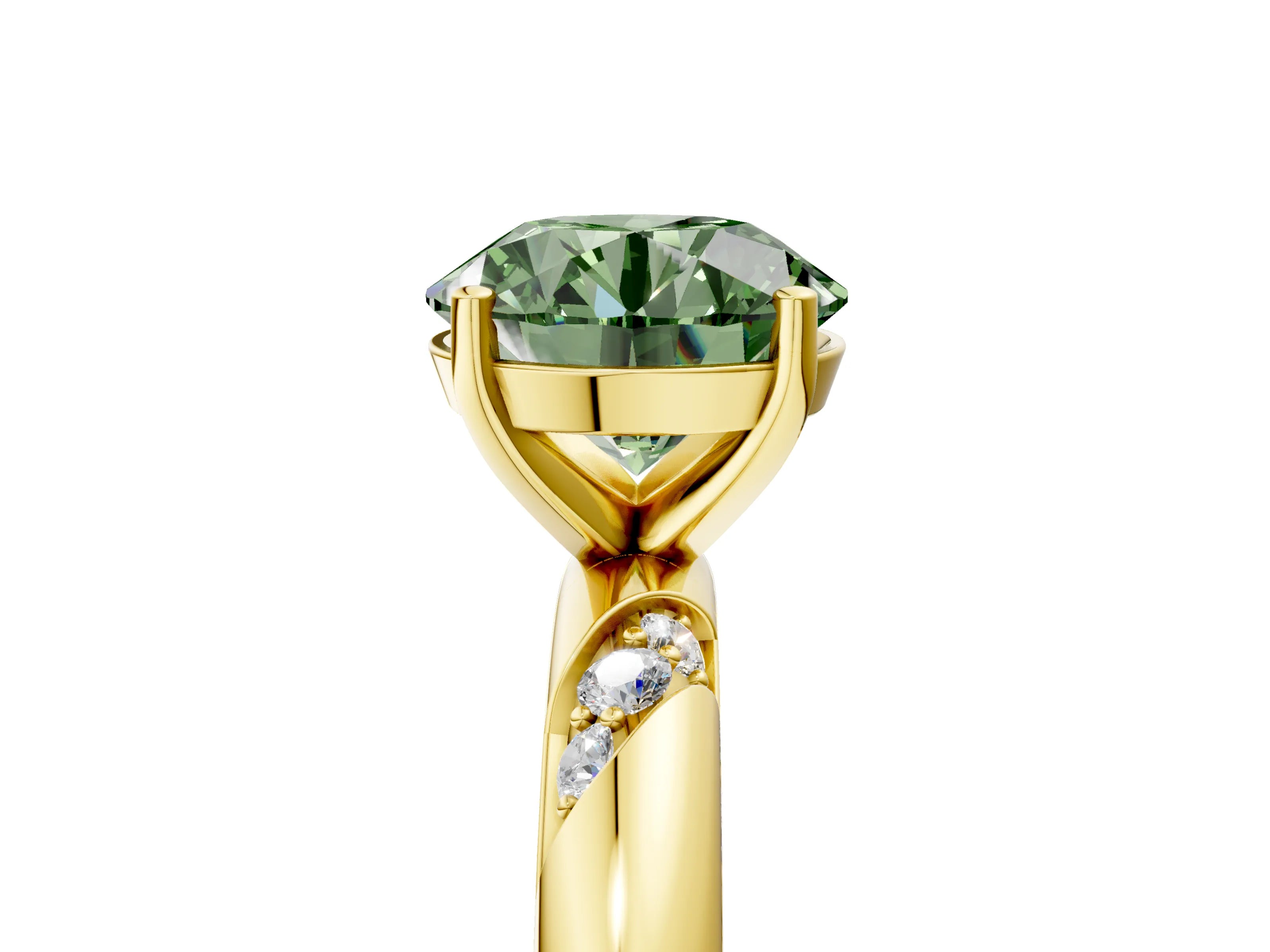 Yellow gold Fancy Green Round Cut Solitaire Diamond Engagement Ring with Twisted Pave Band and Four-Prong Setting_14