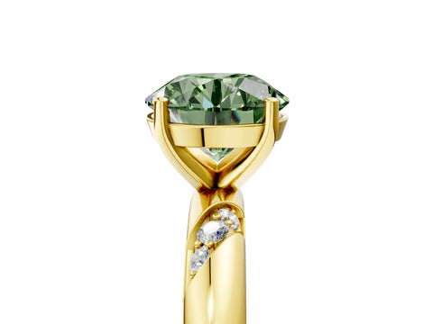 Yellow gold Fancy Green Round Cut Solitaire Diamond Engagement Ring with Twisted Pave Band and Four-Prong Setting_14