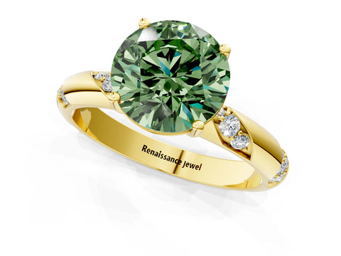 Yellow gold Fancy Green Round Cut Solitaire Diamond Engagement Ring with Twisted Pave Band and Four-Prong Setting_4