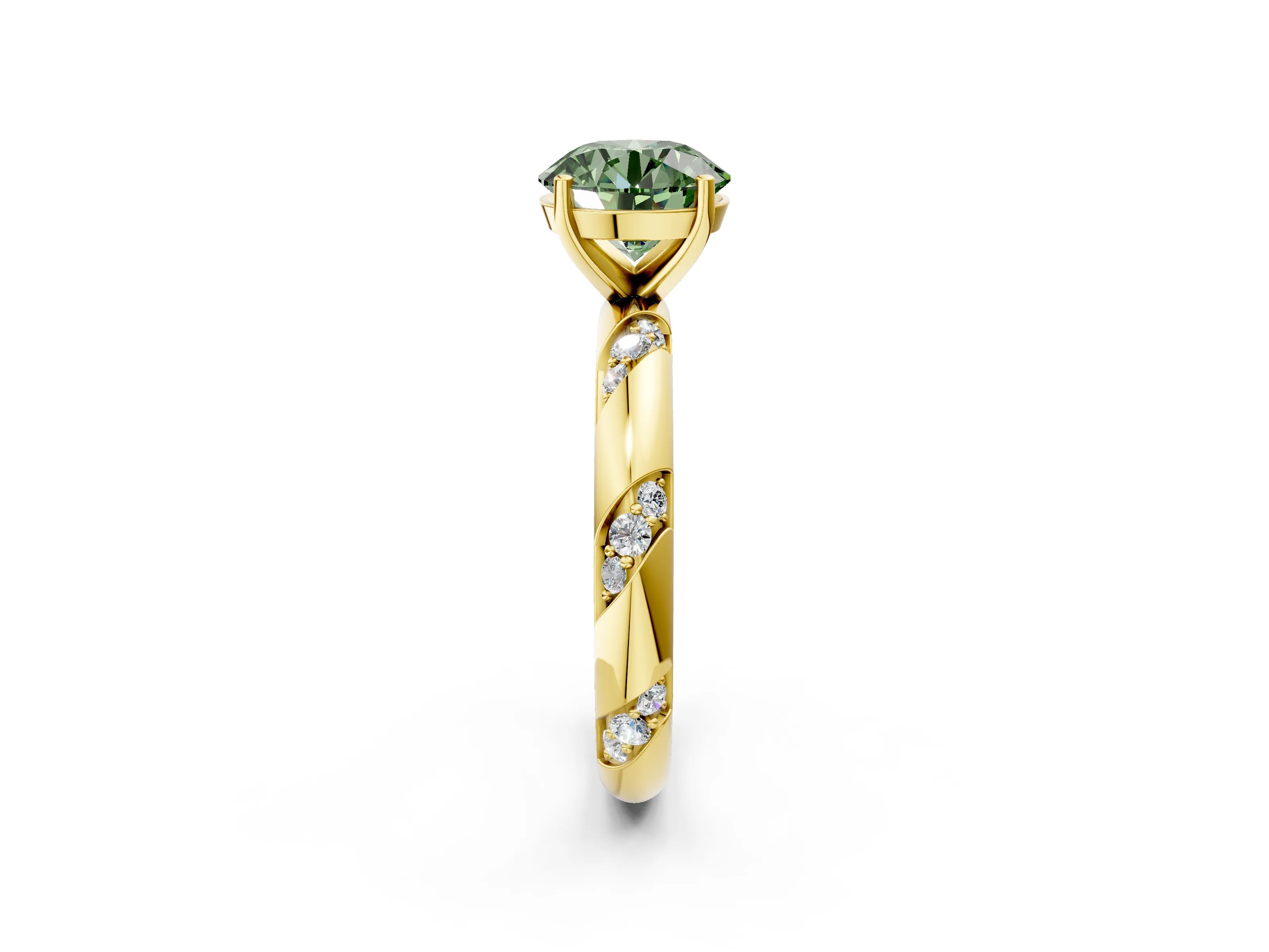 Yellow gold Fancy Green Round Cut Solitaire Diamond Engagement Ring with Twisted Pave Band and Four-Prong Setting_5