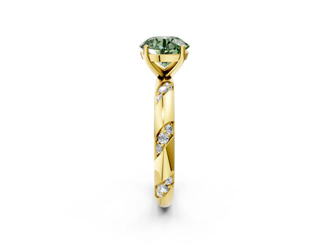 Yellow gold Fancy Green Round Cut Solitaire Diamond Engagement Ring with Twisted Pave Band and Four-Prong Setting_5