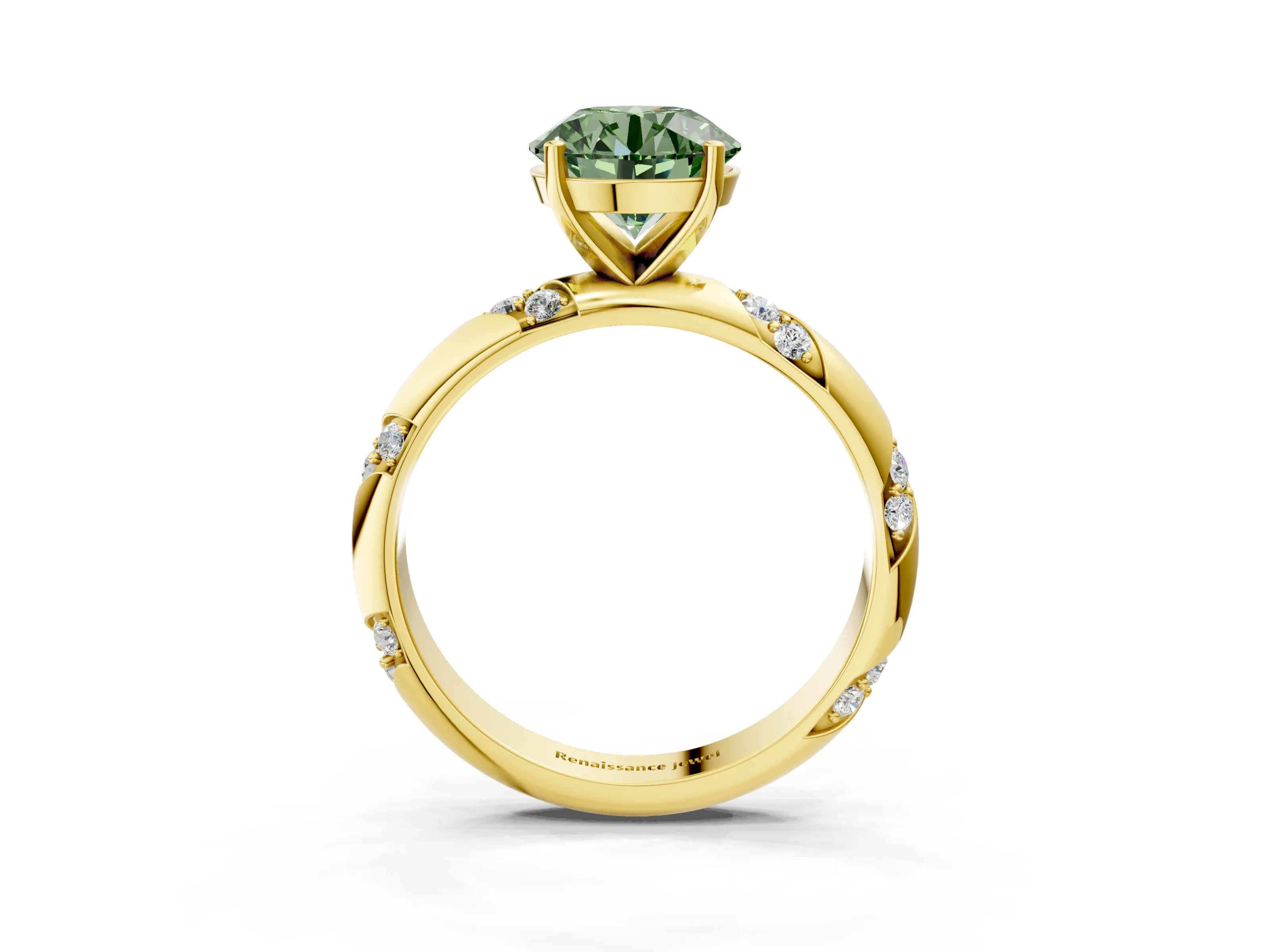 Yellow gold Fancy Green Round Cut Solitaire Diamond Engagement Ring with Twisted Pave Band and Four-Prong Setting_6