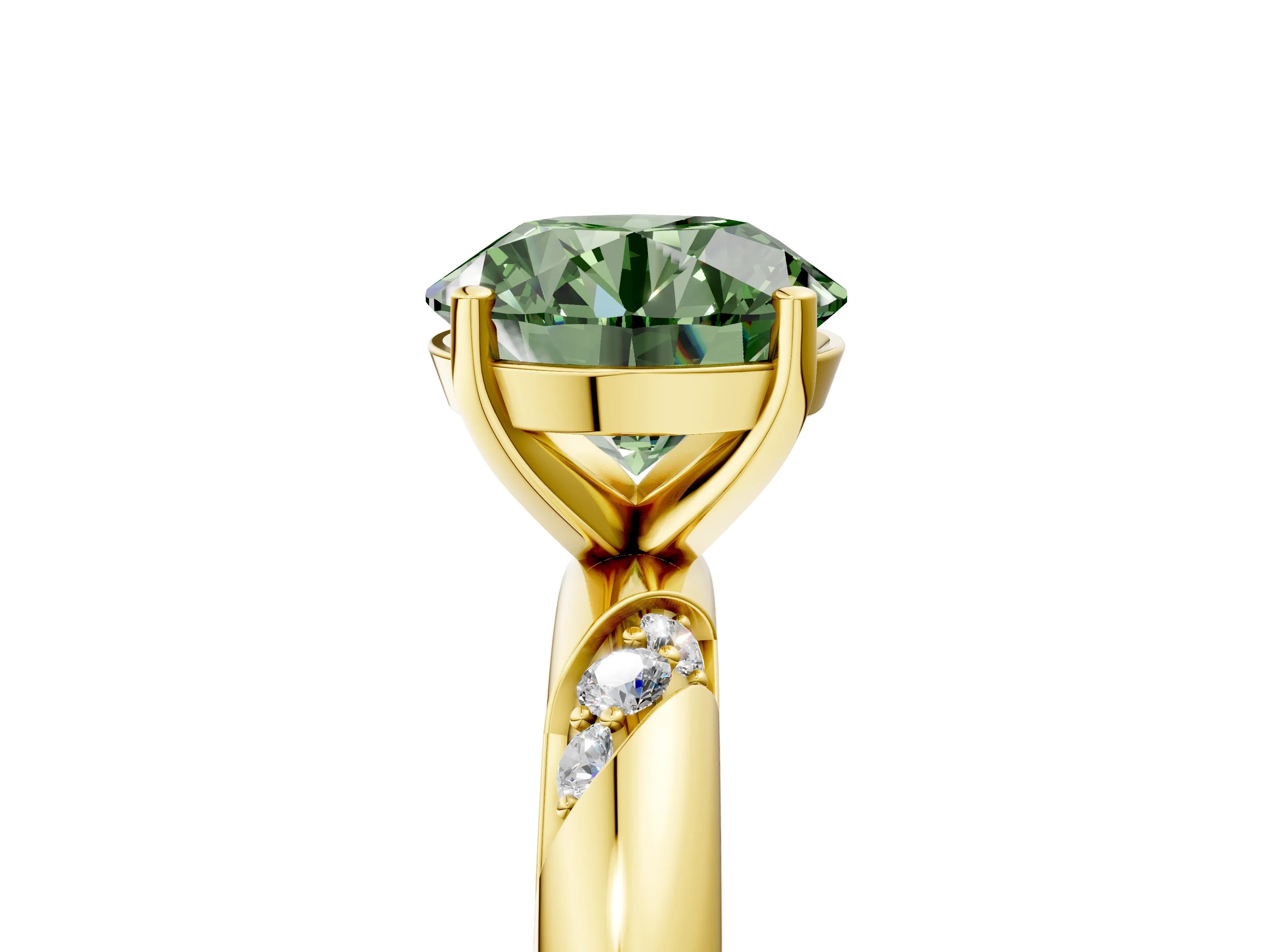 Yellow gold Fancy Green Round Cut Solitaire Diamond Engagement Ring with Twisted Pave Band and Four-Prong Setting_8