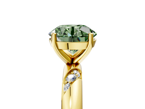 Yellow gold Fancy Green Round Cut Solitaire Diamond Engagement Ring with Twisted Pave Band and Four-Prong Setting_8