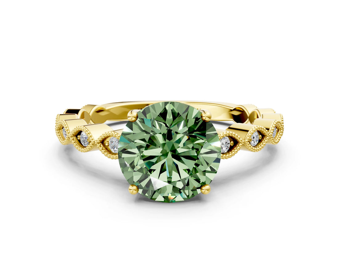 Yellow gold Fancy Green Round Cut Solitaire Diamond Ring with Infinity Twist Band and Four-Prong Setting_12