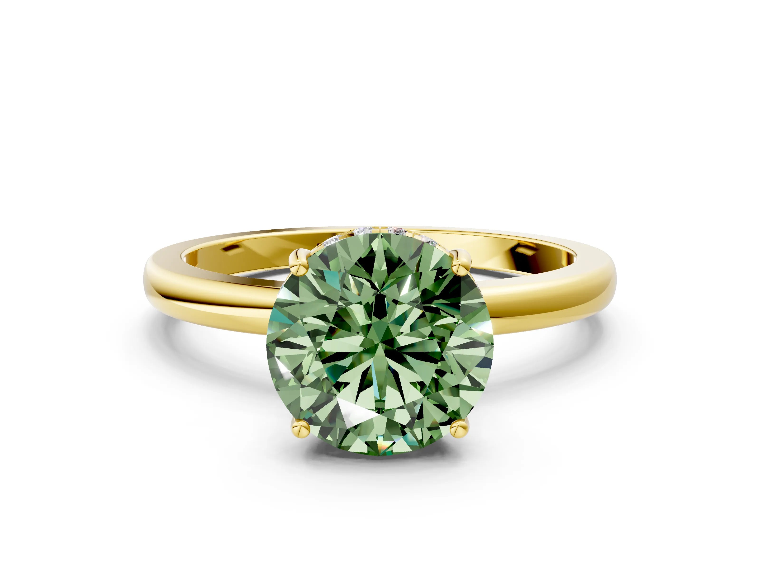 Yellow gold Fancy Green Round Cut Solitaire Diamond Ring with Prong Setting and Plain Band