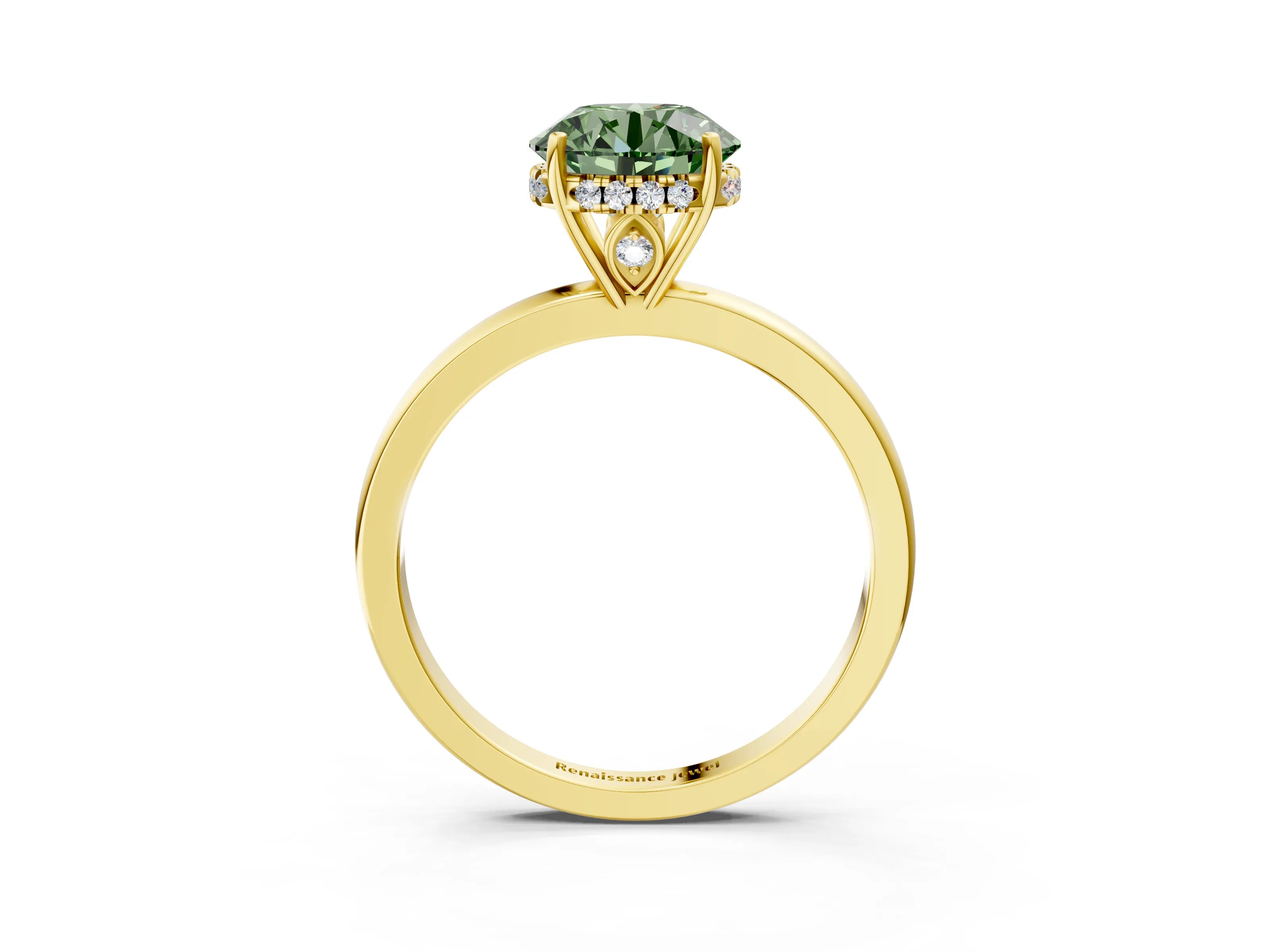 Yellow gold Fancy Green Round Cut Solitaire Diamond Ring with Prong Setting and Plain Band_3