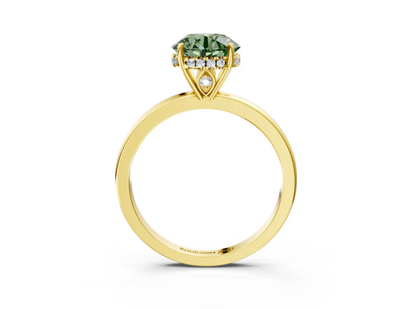 Yellow gold Fancy Green Round Cut Solitaire Diamond Ring with Prong Setting and Plain Band