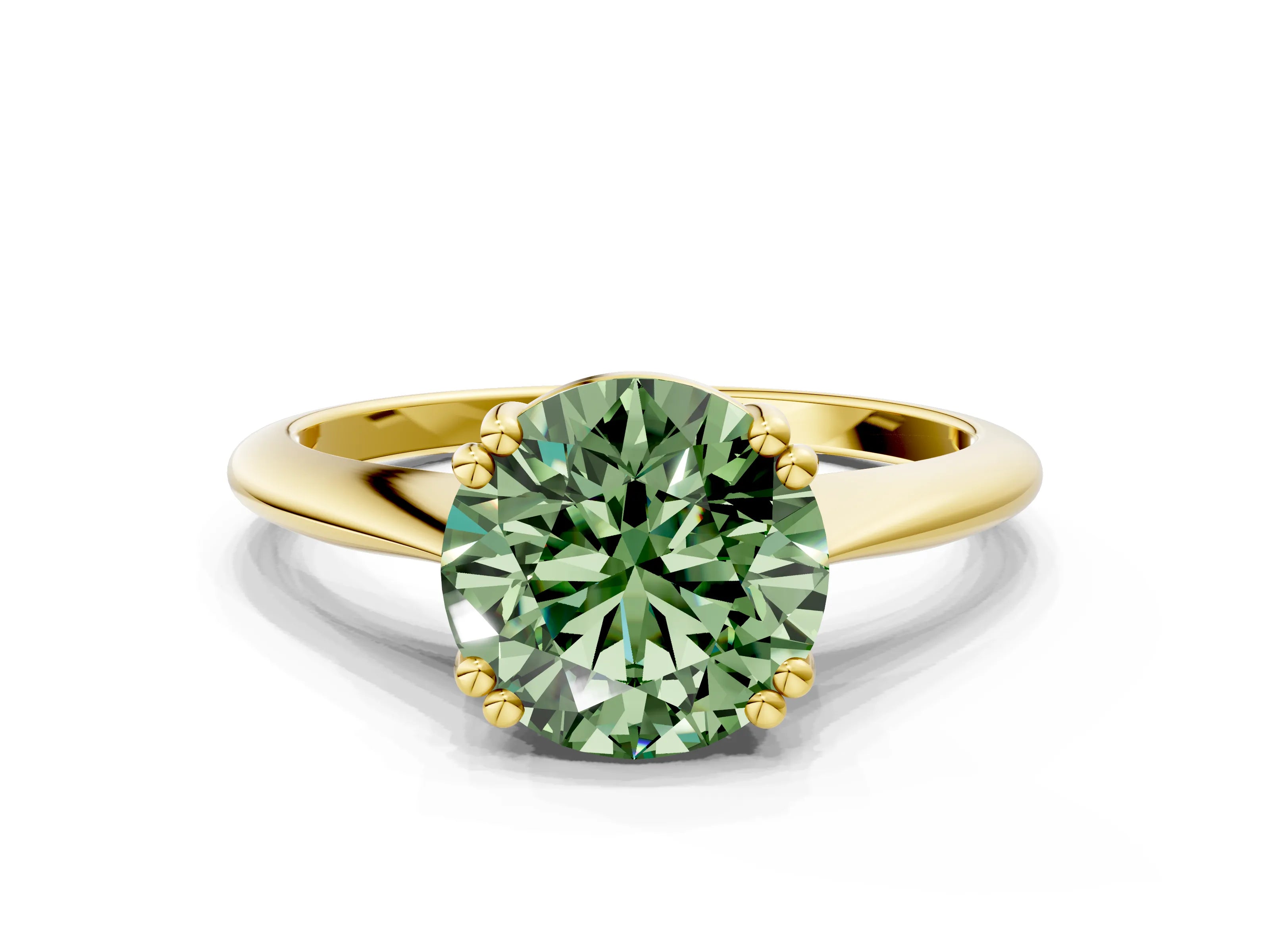 Yellow gold Fancy Green Round Cut Solitaire Diamond Ring with Six-Prong Setting and Classic Band