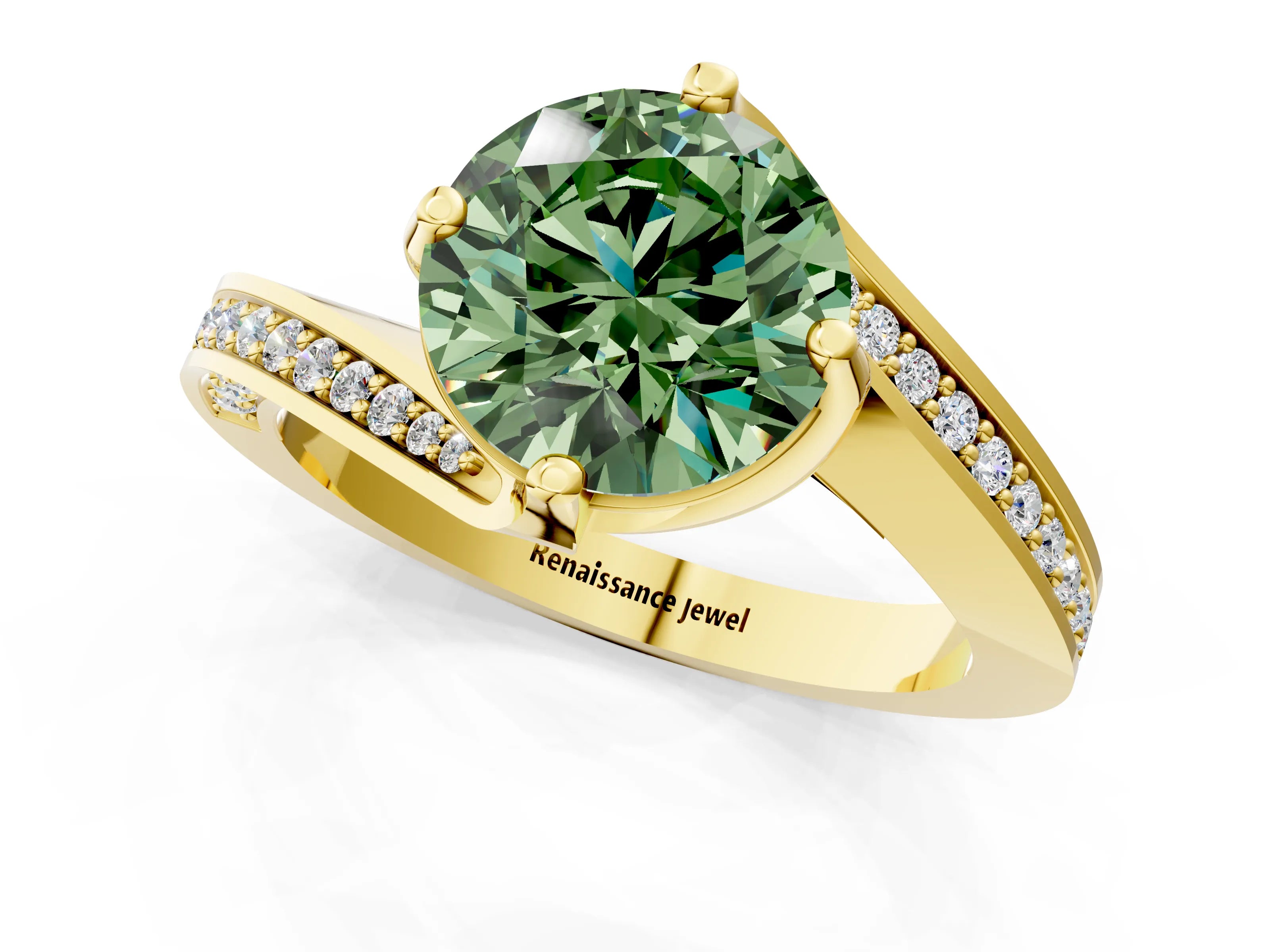 Yellow gold Fancy Green Round Cut Solitaire Diamond Twist Band with Pavé Setting and Four-Prong Setting_1