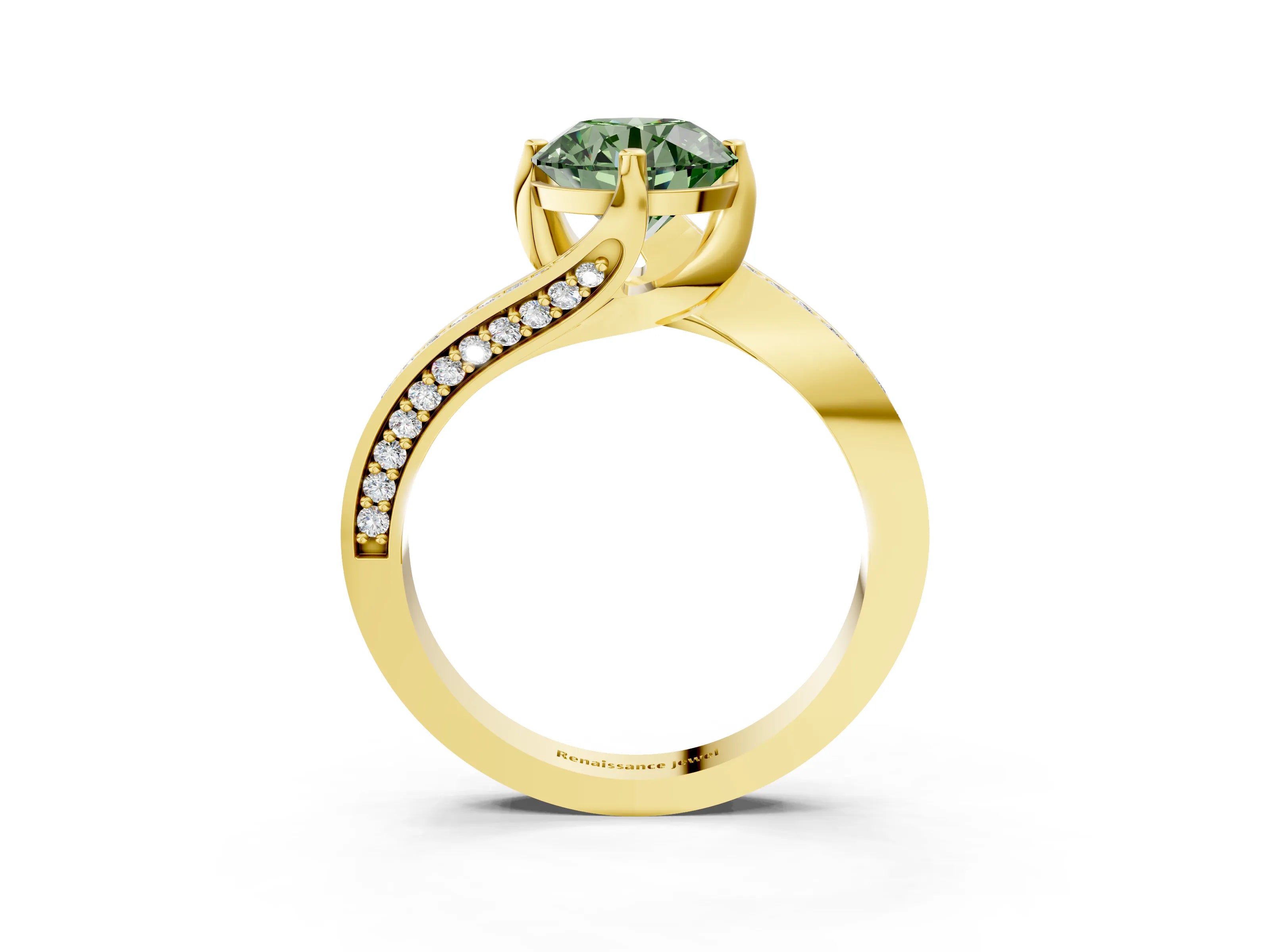 Yellow gold Fancy Green Round Cut Solitaire Diamond Twist Band with Pavé Setting and Four-Prong Setting_3