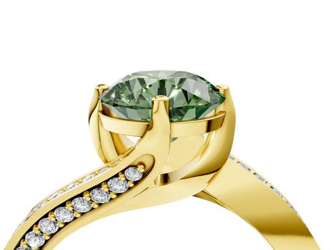 Yellow gold Fancy Green Round Cut Solitaire Diamond Twist Band with Pavé Setting and Four-Prong Setting_4