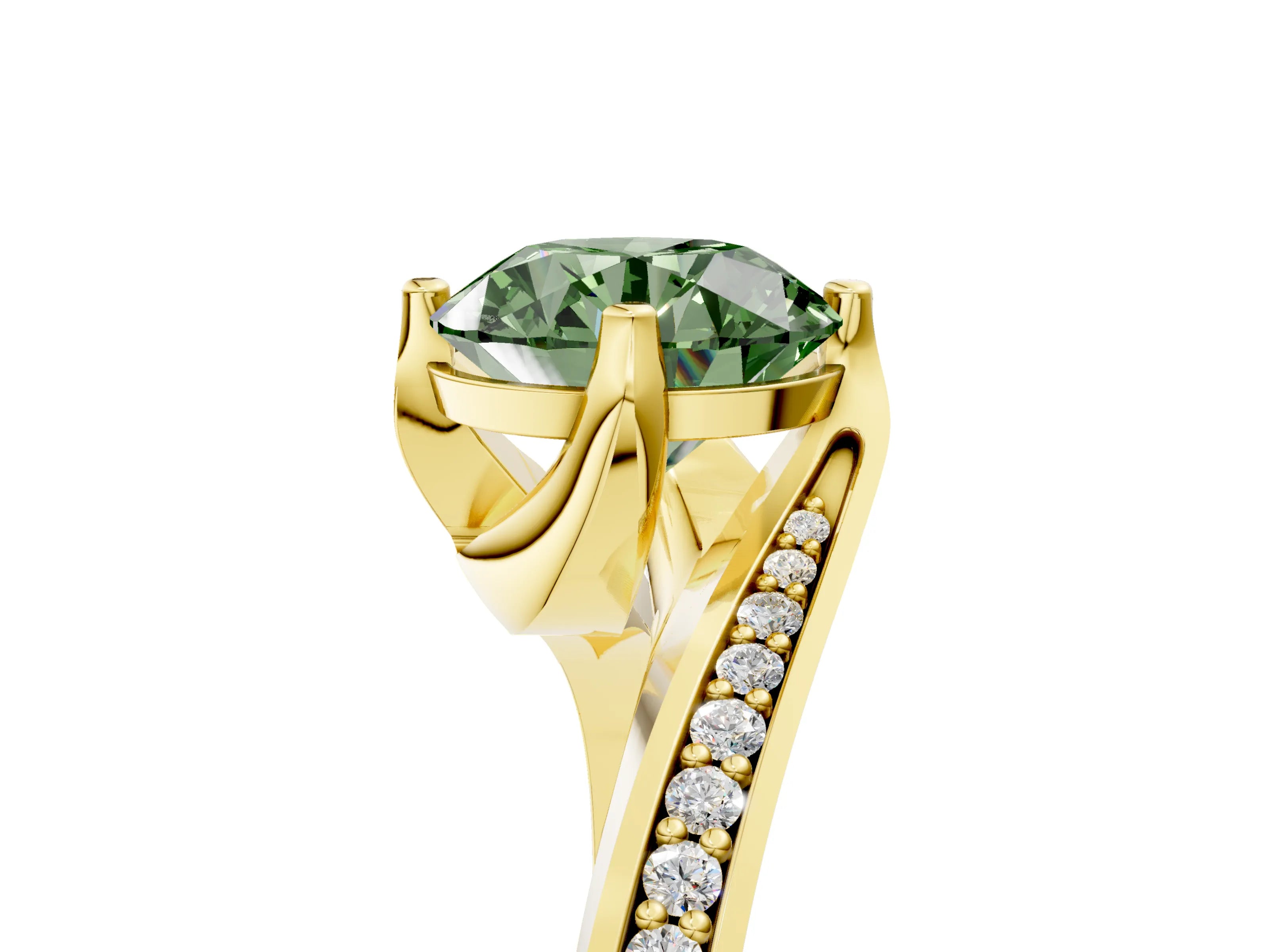 Yellow gold Fancy Green Round Cut Solitaire Diamond Twist Band with Pavé Setting and Four-Prong Setting_5