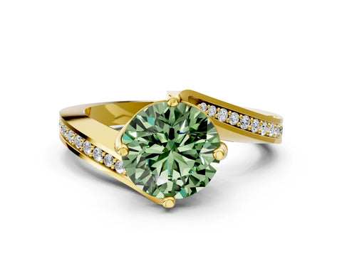 Yellow gold Fancy Green Round Cut Solitaire Diamond Twist Band with Pavé Setting and Four-Prong Setting