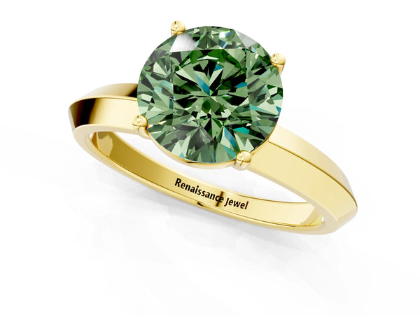 Yellow gold Fancy Green Round  Cut Solitaire Engagement Ring with Flat Band and Four-Prong Setting