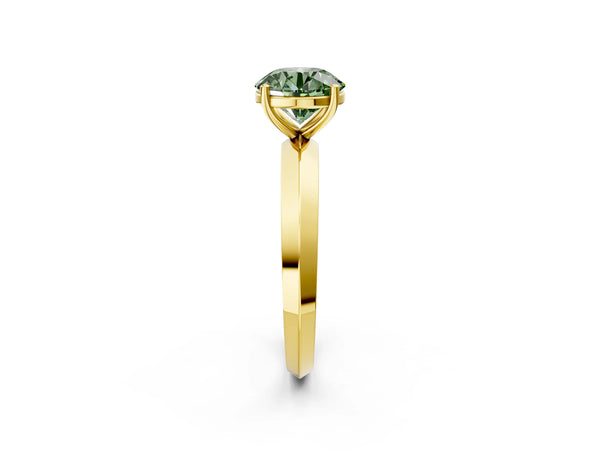 Yellow gold Fancy Green Round  Cut Solitaire Engagement Ring with Flat Band and Four-Prong Setting