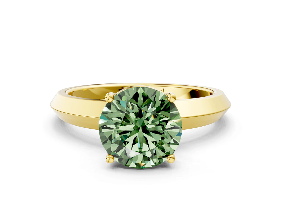 Yellow gold Fancy Green Round  Cut Solitaire Engagement Ring with Flat Band and Four-Prong Setting