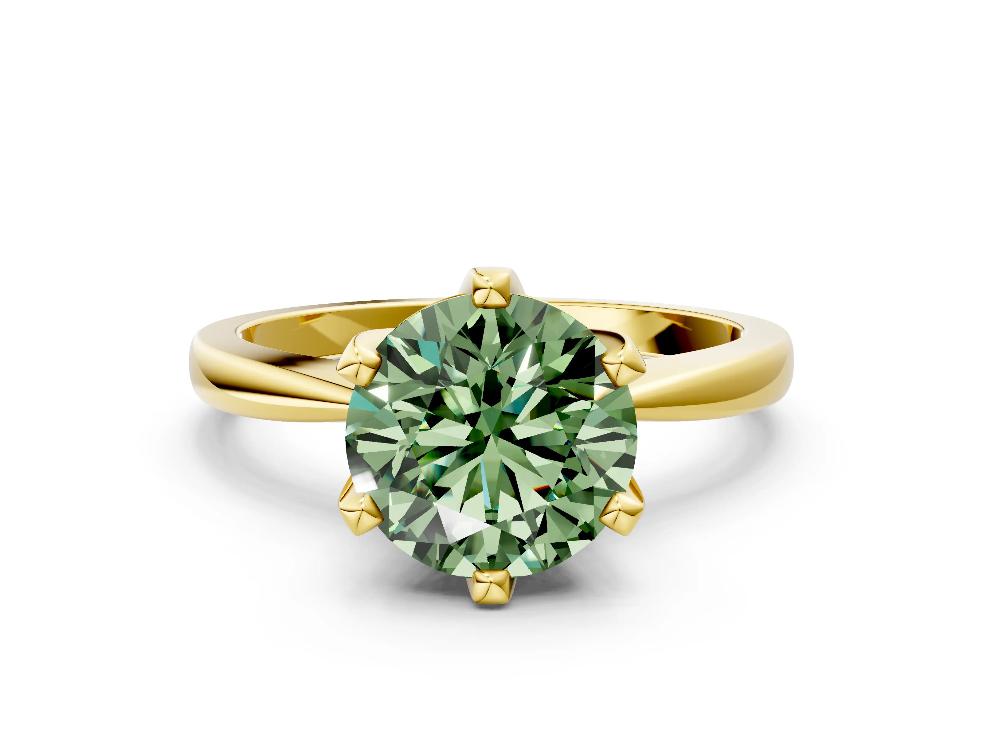 Yellow gold Fancy Green Round Cut Solitaire Engagement Ring with Six-Prong Setting and Tapered Band