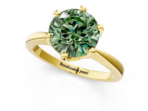 Yellow gold Fancy Green Round Cut Solitaire Engagement Ring with Six-Prong Setting and Tapered Band_1