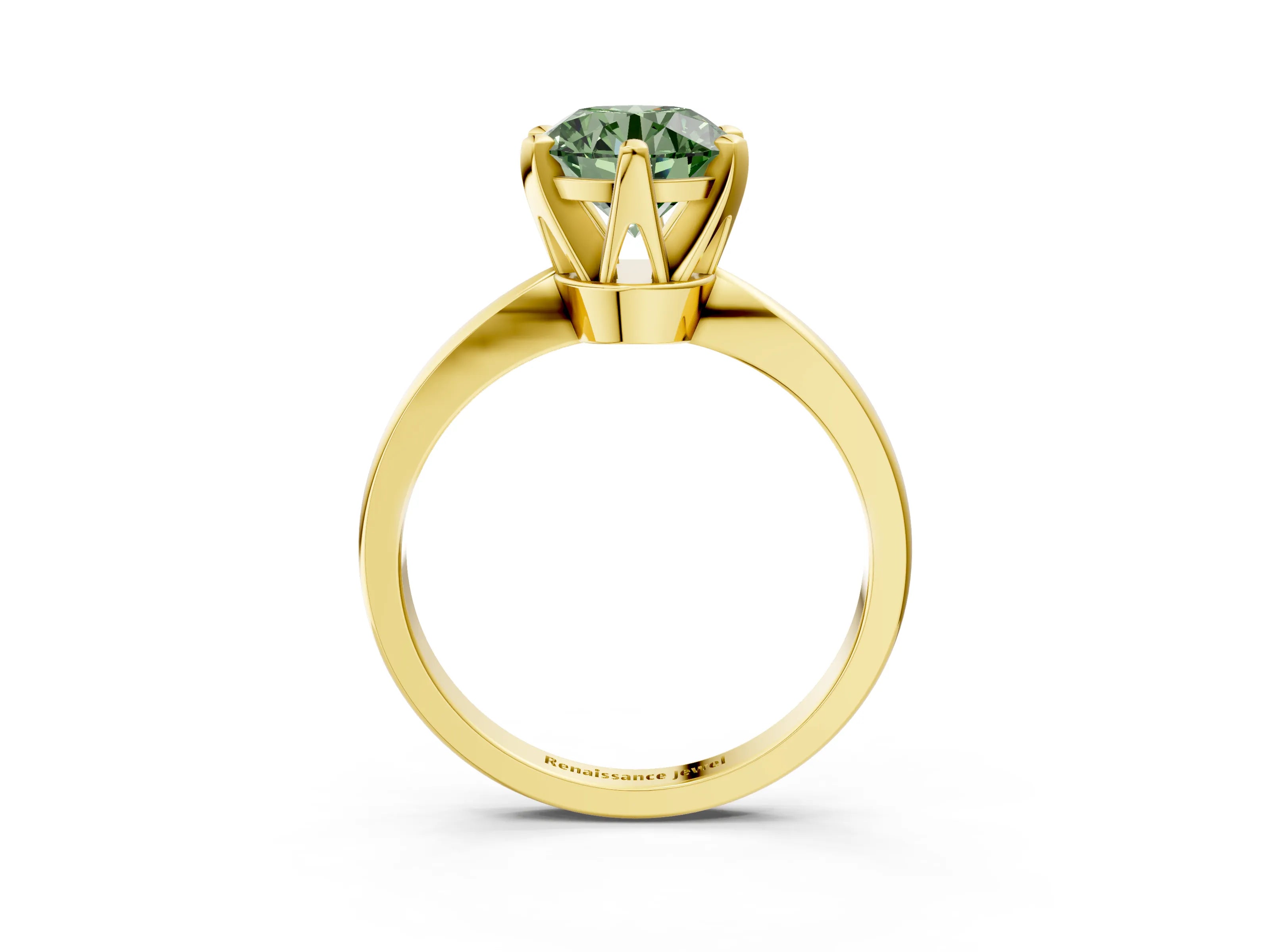 Yellow gold Fancy Green Round Cut Solitaire Engagement Ring with Six-Prong Setting and Tapered Band_3