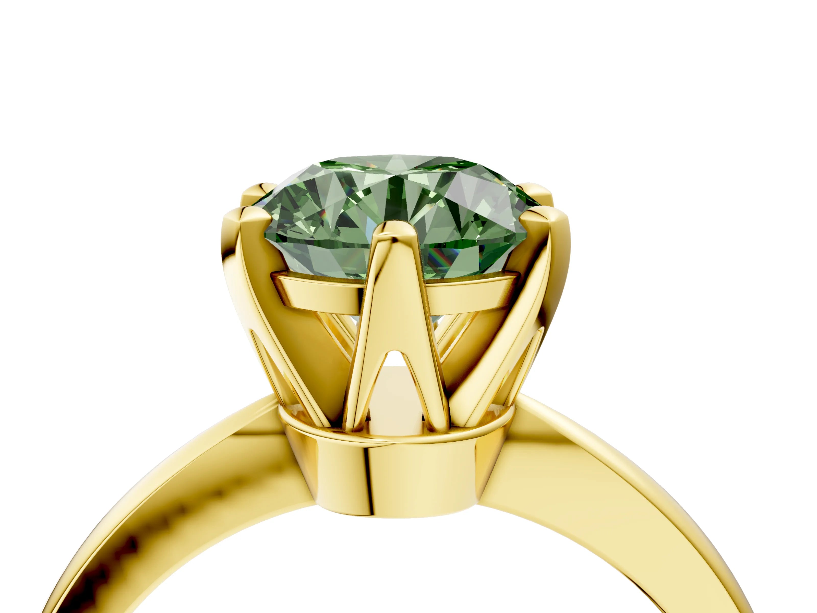 Yellow gold Fancy Green Round Cut Solitaire Engagement Ring with Six-Prong Setting and Tapered Band_4