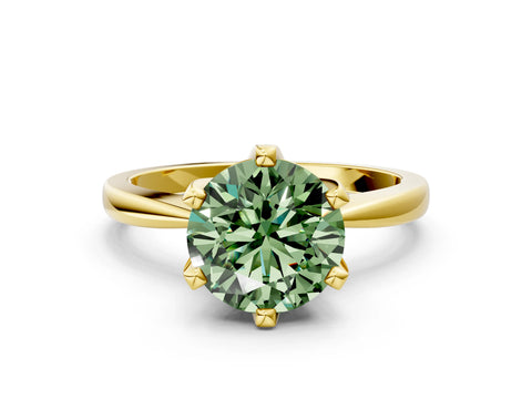 Yellow gold Fancy Green Round Cut Solitaire Engagement Ring with Six-Prong Setting and Tapered Band
