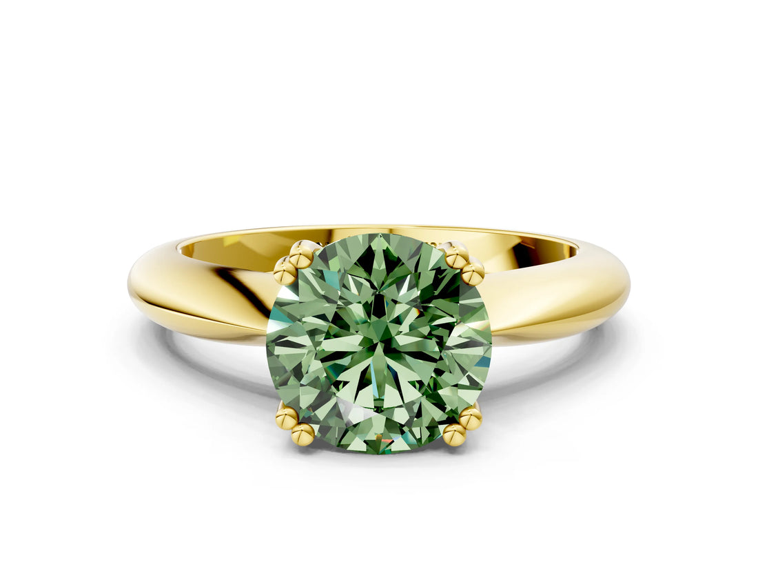 Yellow gold Fancy Green Round  Cut Solitaire Engagement Ring with Tapered Band and Four-Prong Setting 1